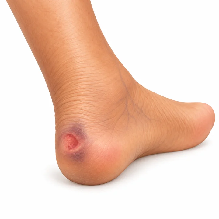 Medical illustration of a small pressure ulcer on an adult heel