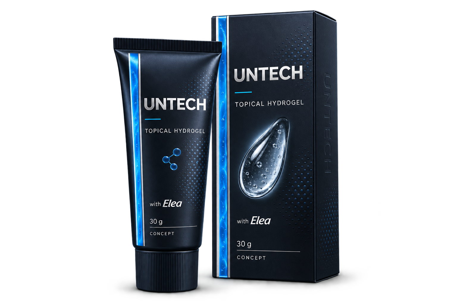Concept packaging for UNTECH topical hydrogel, 30 gram tube and carton