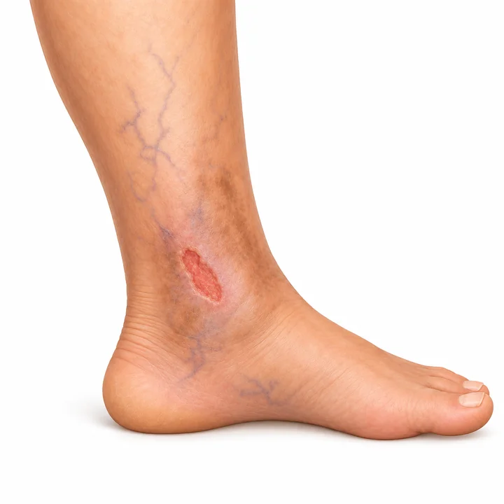 Medical illustration of a venous leg ulcer near the ankle